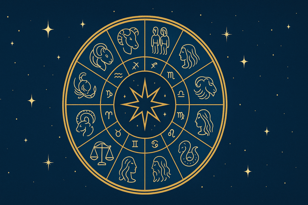 Digital illustration of a golden zodiac wheel featuring twelve astrological signs on a starry blue background, representing horoscopes and cosmic insights by ZodiQuest.